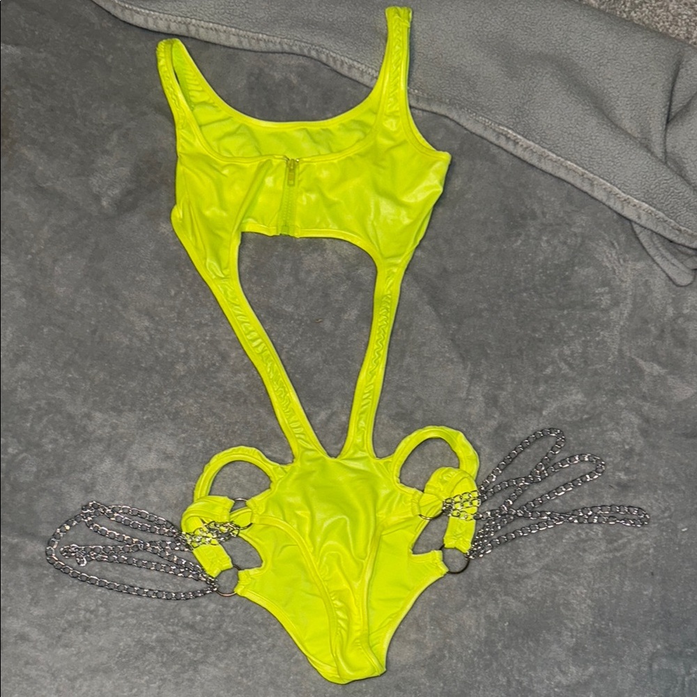 Neon Yellow Cutout Swimsuit with Chain Detail